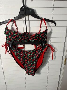 wild fable Black Cherry Print Bikini with Red Accents